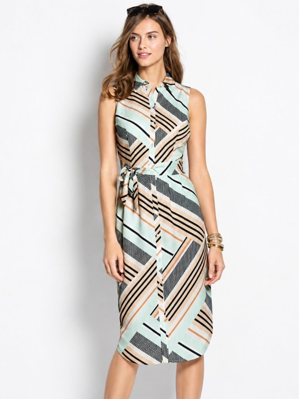 Orange/Seafoam Sleeveless Geometrical Line Print Collared Neck Tie-Waist Dress